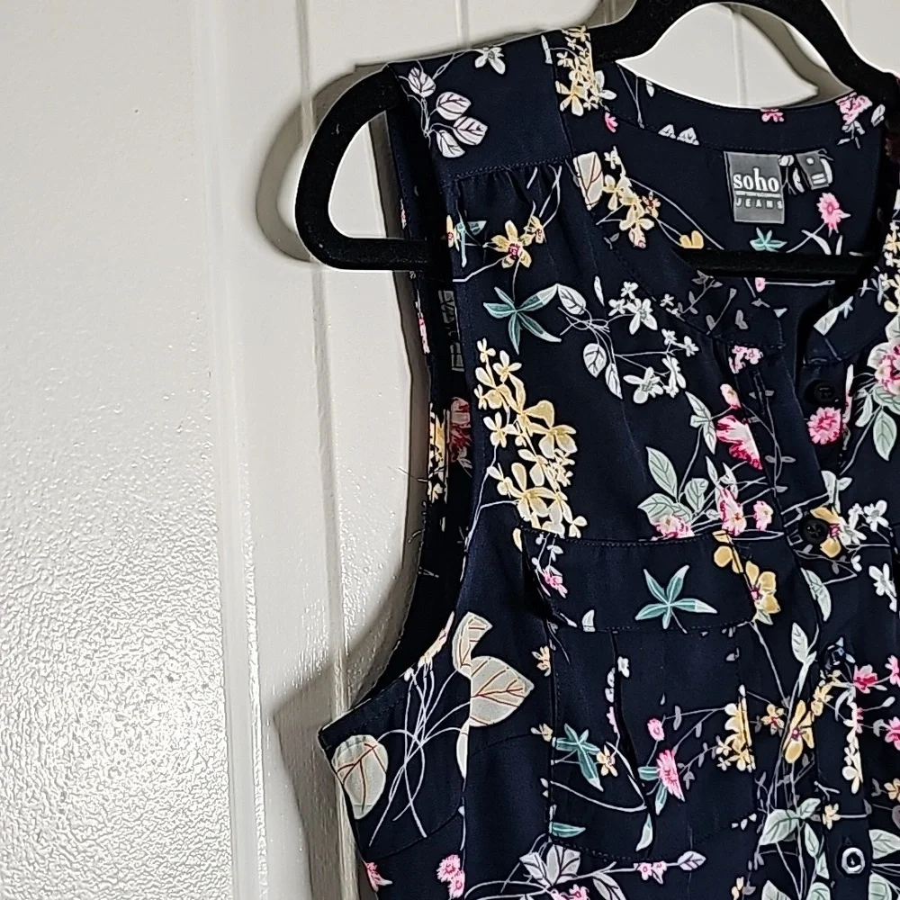 Vintage NY&Co M Soho blouse navy blue/floral button down tank blouse - Picture 4 of 9